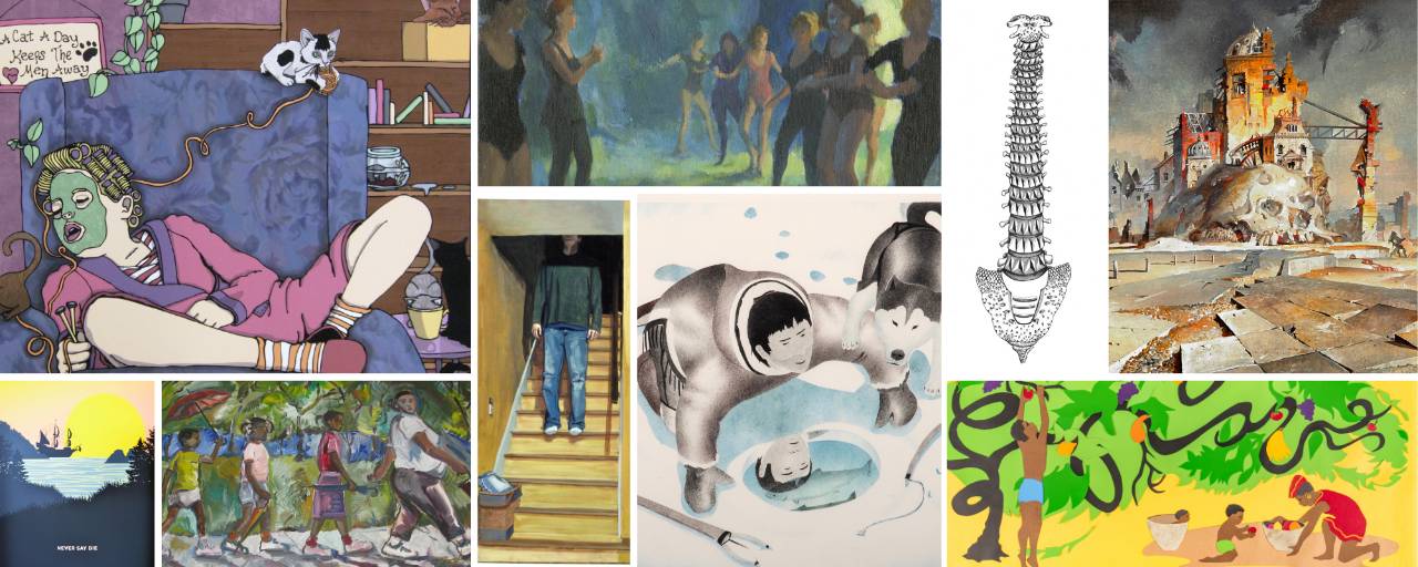 Nine different examples of storytelling and illustration from the GVSU Art Museum. Images include a man walking down stairs, individuals in a dance class, and a cut paper scene of people collecting fruit.